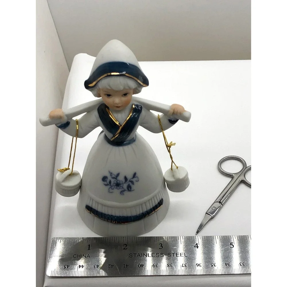 Vintage Dutch Girl Porcelain Bell Figurine Blue White Gold Gilt Water Carrier